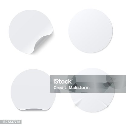 istock Realistic template  of white round paper adhesive sticker with curved edge isolated on white background. 1327337776