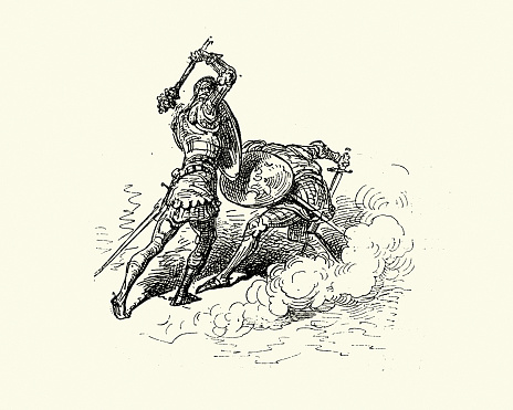 Vintage illustration of scene from Orlando Furioso illustrated by Gustave Dore. Two knights in armour fighting in single combat