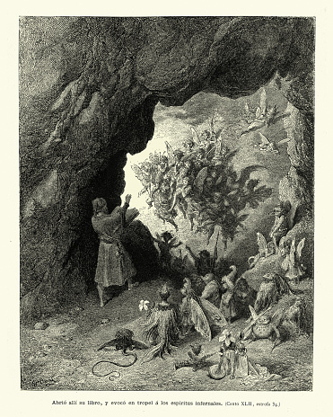 Vintage illustration of scene from Orlando Furioso illustrated by Gustave Dore. Abrió allí su libro, y evocó en tropel á los espíritus infernales. There he opened his book, and evoked in droves the infernal spirits.