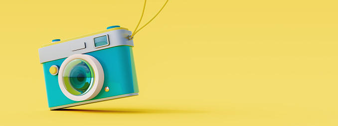Blue retro camera on yellow background. Summer travel concept. 3D rendering, 3D Illustration