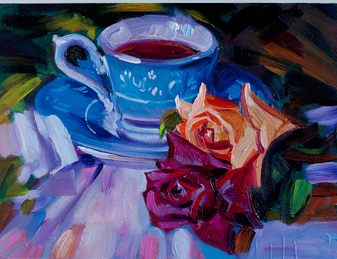 Still life painting oil on canvas blue cup of tea and roses art