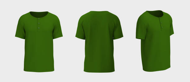 istock Blank short-sleeve henley t-shirt mockup. Front, back and side views 1327341643