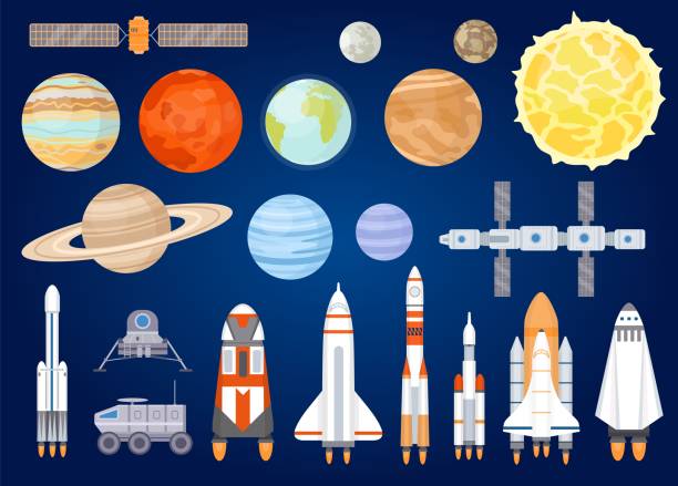Space elements. Solar system planets, sun, spaceship, rocket, satellites, mars and moon rover. Universe exploring. Cartoon cosmic vector set Space elements. Solar system planets, sun, spaceship, rocket, satellites, mars and moon rover. Universe exploring. Cartoon cosmic vector set. Illustration rocket and satellite, spaceship and planets venus planet stock illustrations