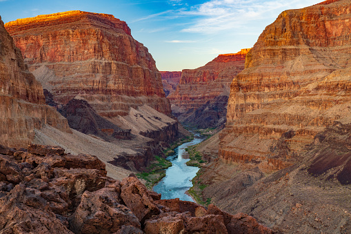 The Last Sun of the Day Illuminates the Top of the Cliffs in the Grand Canyon