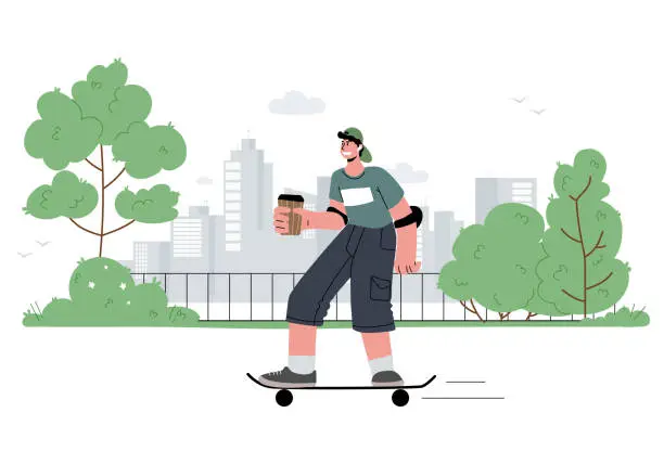 Vector illustration of Young male teen with headphones riding a skateboard in the park,listening to music,podcasts,summer.Vector illustration.