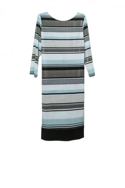 istock Elegant midi dress with abstract geometric colored striped pattern, isolated on white background. Photo on the crossbar and shoulders-hangenrs 1327346115