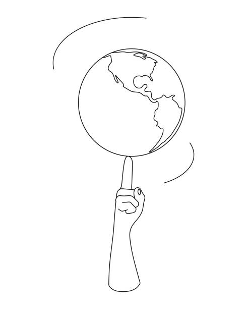 The earth is spinning on the forefinger. Planet earth with finger created by lines. finger spinning globe stock illustrations