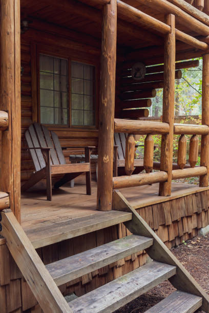 istock Stairs Leading to Rustic Log Cabin Front Porch 1327348796