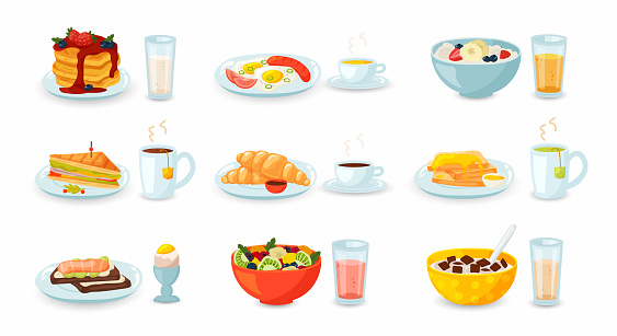 Set of breakfast meal with drinks. Vector illustration isolated on white