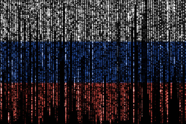 Hacked by Russia Flag of Russia on a computer binary codes falling from the top and fading away. russian culture stock pictures, royalty-free photos & images