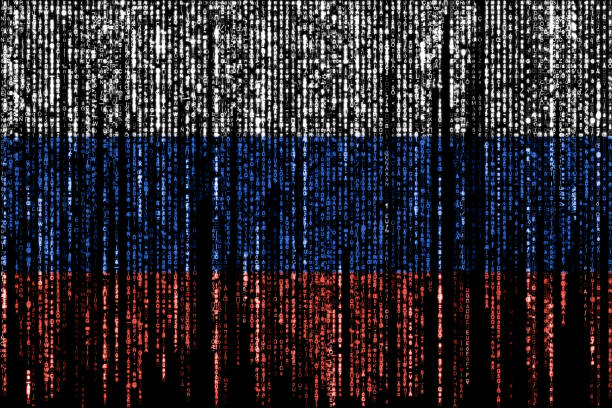 Hacked by Russia Flag of Russia on a computer binary codes falling from the top and fading away. russian flag stock pictures, royalty-free photos & images