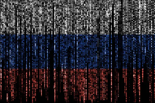 Flag of Russia on a computer binary codes falling from the top and fading away.