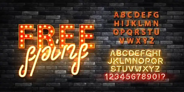 Vector illustration of Vector realistic isolated retro marquee billboard with electric light lamps and neon tubes of Free Slots logo with easy to change color alphabet font for invitation on the wall background.