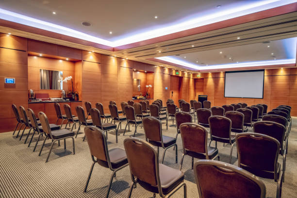 istock Conference room with nice furniture and floating ceiling 1327358316