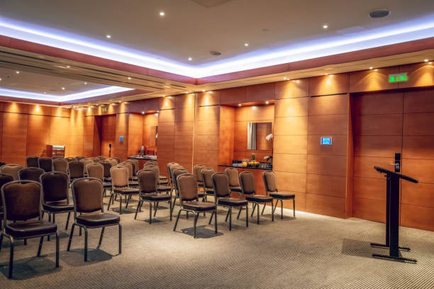 istock Conference room with nice furniture and floating ceiling 1327358348