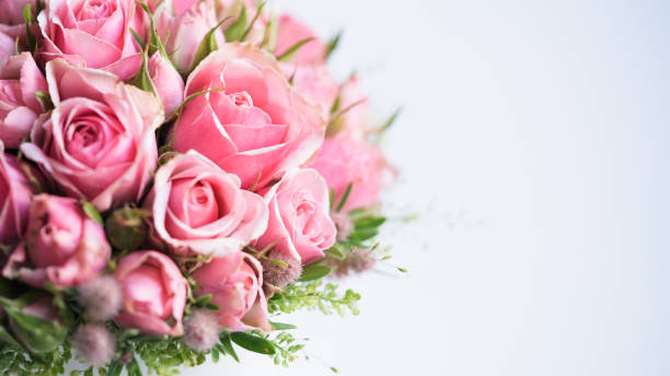 istock Close-up beautiful pink roses white background,copy space,selective focus.Concept for wedding banner,greeting card.Place for greeting text.Floristic composition small roses.Mother's Day,Valentine's 1327358705