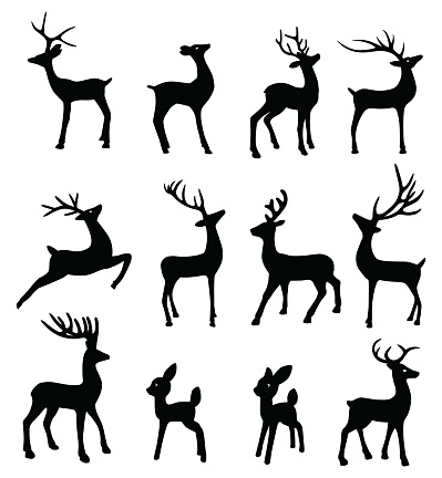 Vector silhouettes of twelve reindeer.