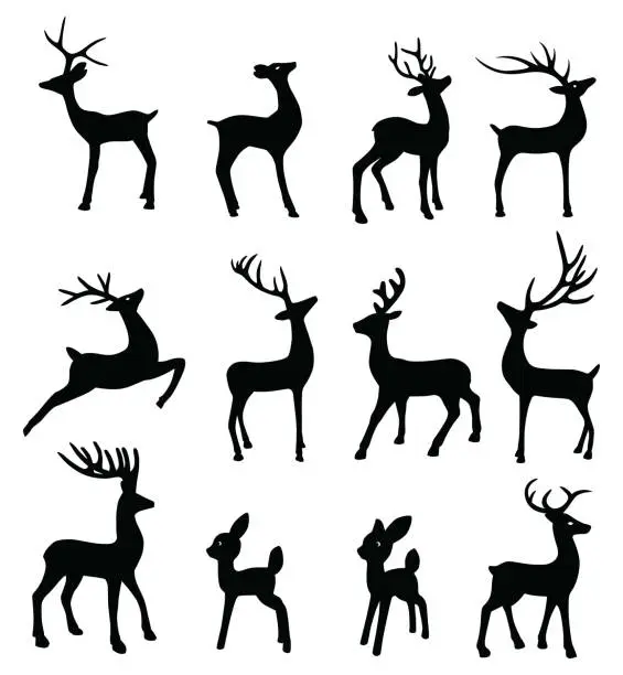 Vector illustration of Black Reindeer Silhouettes