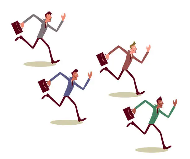 Vector illustration of All workers (Multi-Ethnic Group of businessmen) sprinting forward (keeping on moving) actively