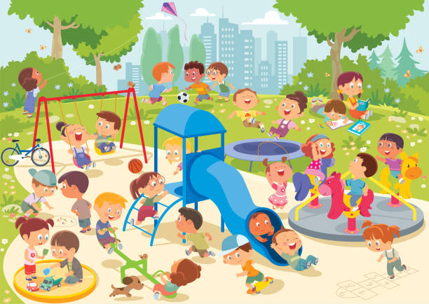 Happy children playing in playground Vector Happy children playing in playground boys soccer stock illustrations