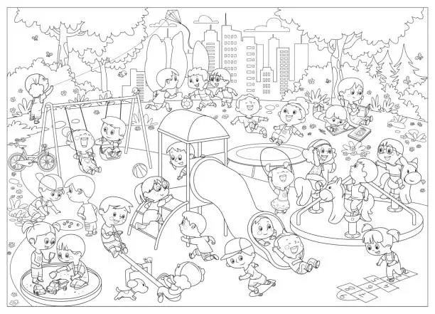 Vector illustration of Black And White, Happy children playing in playground