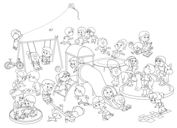 Black And White, Happy kids having fun on the playground Vector Black And White, Happy kids having fun on the playground coloring book page illlustration technique illustrations stock illustrations