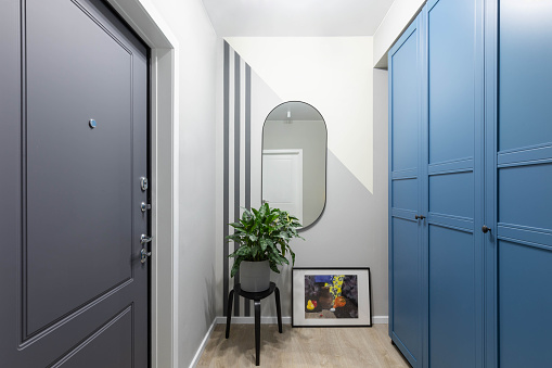 Entrance hallway in a modern design apartment: grey and white walls, built-in wardrobe. Safety home, high-quality front door