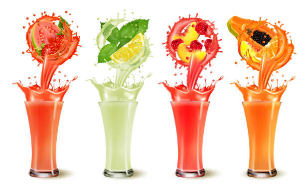 istock Set of fruit juice splash in a glasses. Strawberry, guava, mint, lime, raspberry, peach, grapefruit, papaya, orange and cherry. Vector 1327359890
