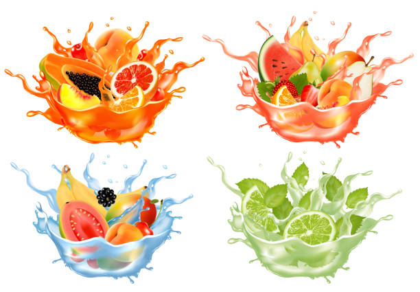 istock Sweet exotic juice and water splash. Whole and sliced papaya, cherry, peach, grapefruit and orange, banana, watermelon, pear mint, citron in a sweet juce and water with splashes and drops. 3D. Vector. 1327359914