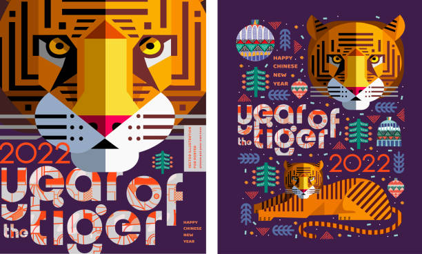 2022. jahr des tigers. vektor abstrakte illustration für das neue jahr für poster, hintergrund oder karte. geometrische zeichnungen für das jahr des stiers nach dem ostchinesischen kalender - babytiger stock-grafiken, -clipart, -cartoons und -symbole