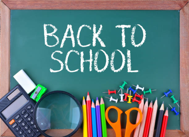 istock School supplies on chalkboard with text Back to School 1327364147