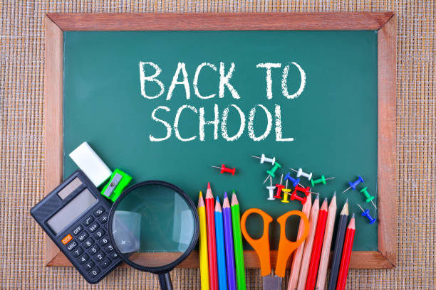 istock School supplies on chalkboard with text Back to School 1327364148