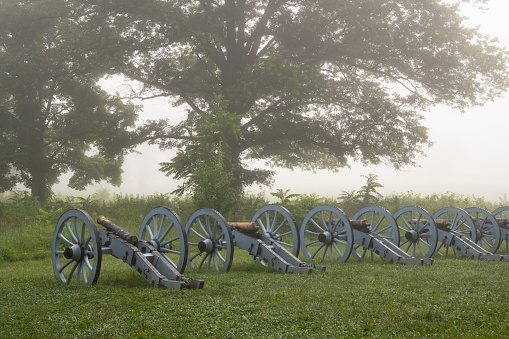 Cannons on foggy morning at Valley Forge National Historic Park, Pennsylvania, USA