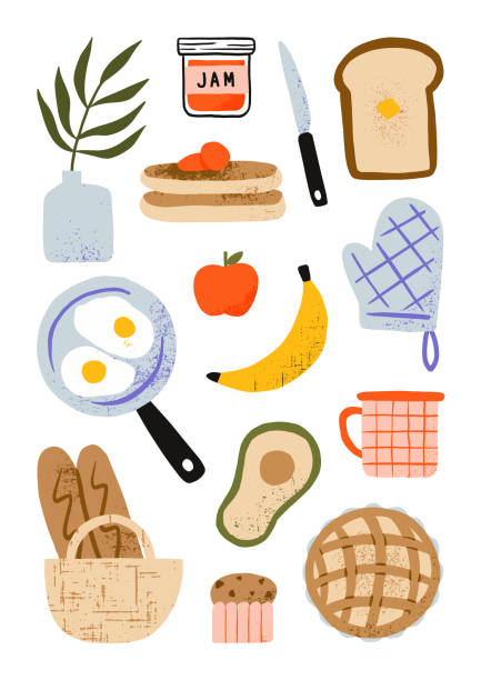 hand gezeichnetfrühstück essen elemente mit spiegelei, brot, obst, kuchen, kuchen und pfannkuchen cartoon illustration - food jar backgrounds breakfast stock-grafiken, -clipart, -cartoons und -symbole