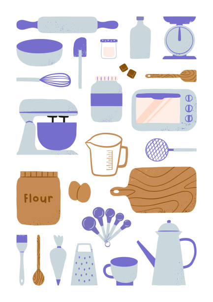 ilustrações de stock, clip art, desenhos animados e ícones de hand drawn baking tools and equipment bakery kitchen elements illustration - cutting board cooking wood backgrounds
