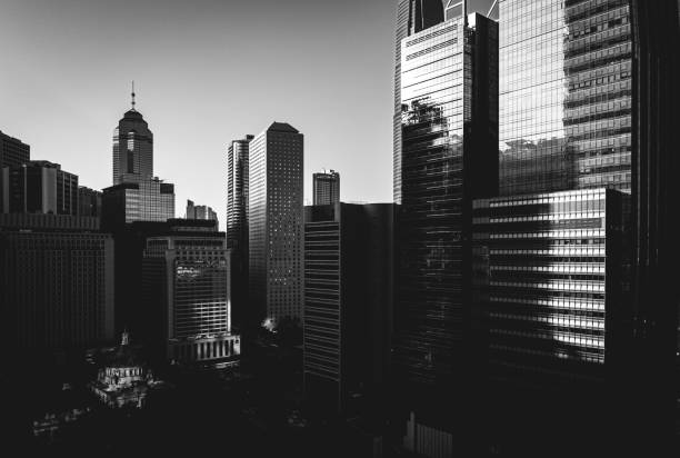 Black and White Hong Kong Skyline View Black and White Hong Kong Skyline View aircraft point of view photos stock pictures, royalty-free photos & images