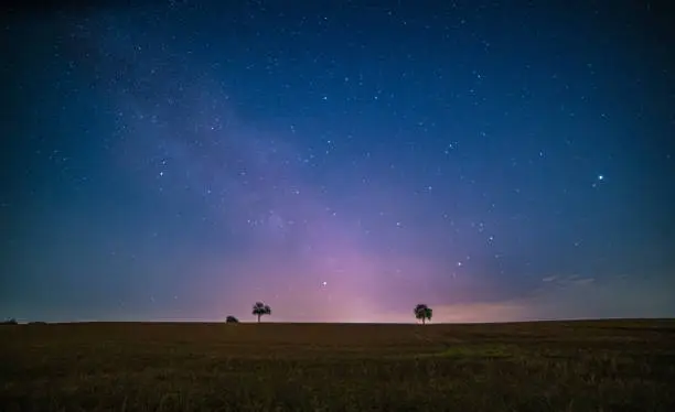 Low angle view of the colorful Milky Way in the starry sky above the fields