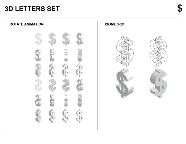 Vector illustration of 3d Dollar Sign Alphabet Letters Set Animate Isometric Wireframe Vector