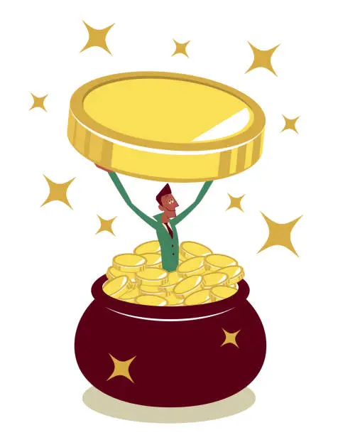 Vector illustration of Happy businessman jumping into a pot (jug) full of money and lifting a big gold coin