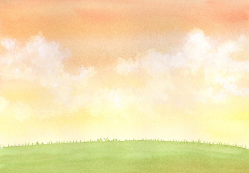 Watercolor illustration of autumn sky and meadow