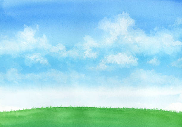 ilustraciones, imágenes clip art, dibujos animados e iconos de stock de ilustración en acuarela del cielo y el prado azules - cielo ilustraciones