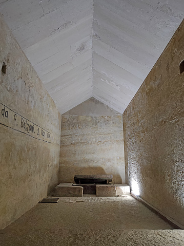 View of the ancient crypt inside the second Great Pyramid of Giza. Cairo, Egypt. The tomb of the Pharaohs.