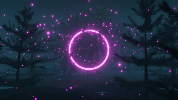 istock 3D illustration graphics of neon circle and bright colorful lights between magical Forest landscape scenery with trees and heavy foggy environment. 1327386911