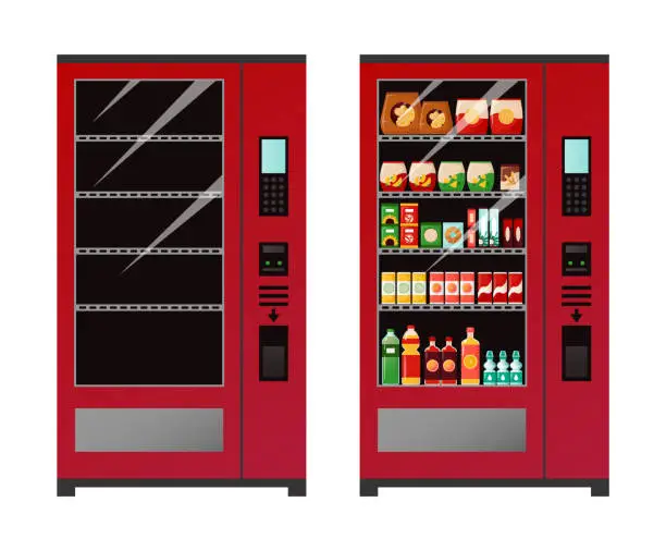 Vector illustration of Vending machine. Empty and full automat of snacks or drinks. Equipment for sale of food. Device for buying bottled water and juice. Vector self-service appliance with panel or buttons