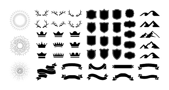Black icons. Crowns and shields silhouettes. Blank curve ribbons or labels. Mountains peaks contours. Antlers hunting trophies. Line light flash. Explosion and fireworks. Vector emblems templates set