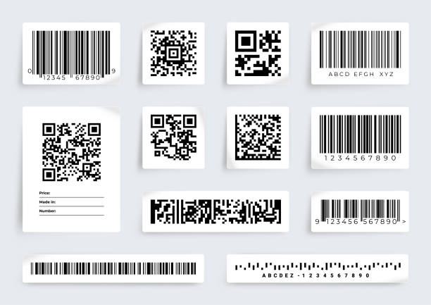 illustrations, cliparts, dessins animés et icônes de étiquette de code qr. étiquettes de balayage de prix de produit de code à barres. informations sur les données numériques. feuilles de papier collantes réalistes. icônes graphiques d’identification de l’inventaire des marchandises. ensemble d’ - bar code