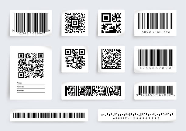 qr 코드 레이블입니다. 바코드 제품 가격 스캔 태그. 디지털 데이터 정보. 사실적인 끈적 끈적한 용지 시트. 상품 재고 식별 그래픽 아이콘. 벡터 소매 스티커 세트 - qr코드 stock illustrations