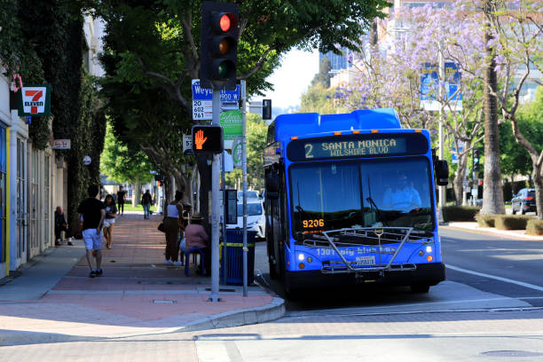 Big Blue Bus Route 2 at Westwood, UCLA Los Angeles, California, USA - July 05, 2021: Big Blue Bus Route 2 at Westwood, UCLA.

Passengers are boarding the bus. ucla photos stock pictures, royalty-free photos & images