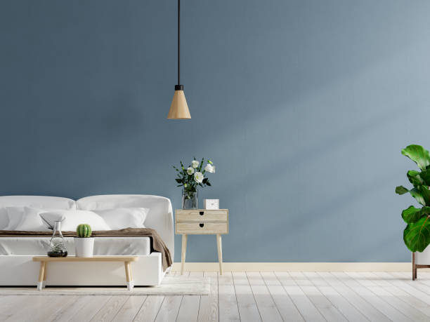 istock Mockup dark blue wall in bedroom interior background. 1327393201