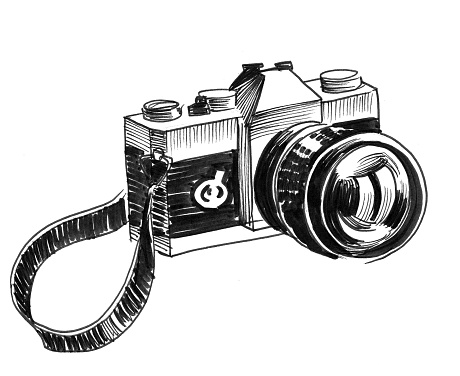 Ink black and white drawing of a vintage camera